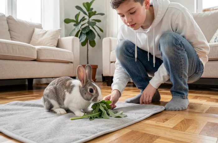 Adolescente alimentando um coelho com vegetais frescos no chão de uma sala