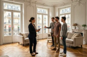 Agent immobilière présentant un appartement haussmannien à un jeune couple à Paris