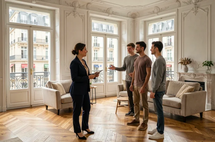 Agent immobilière présentant un appartement haussmannien à un jeune couple à Paris