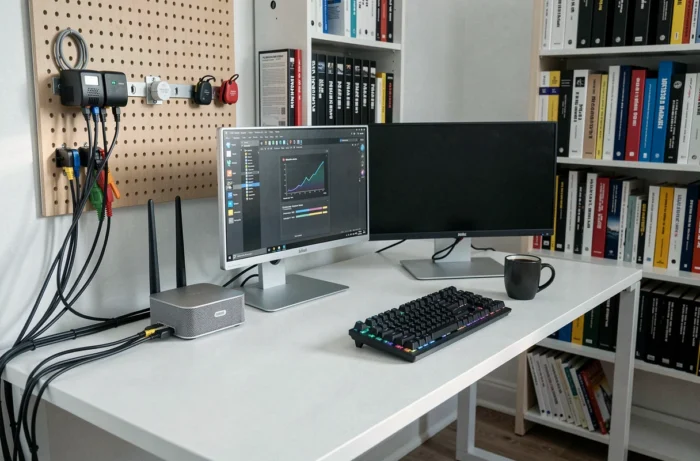 Goed uitgeruste telewerkplek met dubbele monitor, mesh Wi-Fi-router en georganiseerde ethernetkabels