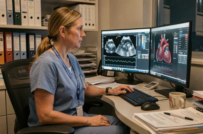 Cardiologista analisando dados ecocardiográficos na tela em um serviço de cardiologia hospitalar