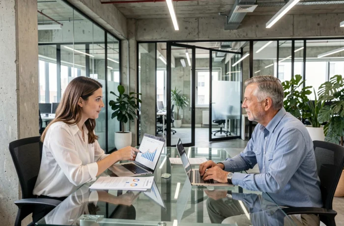 Due colleghi che discutono di un piano finanziario e di un rapporto di investimento in uno spazio di coworking moderno