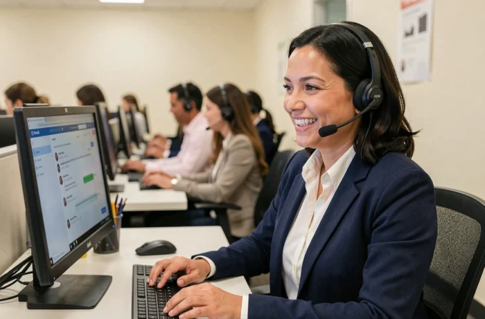 Smiling customer service advisor with headphones in a professional contact center ready to engage in dialogue