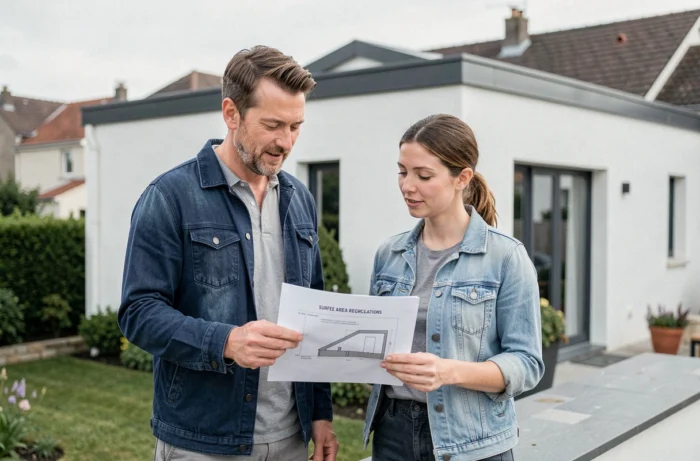 Couple discutant des règles de surface pour agrandir leur maison sans permis de construire