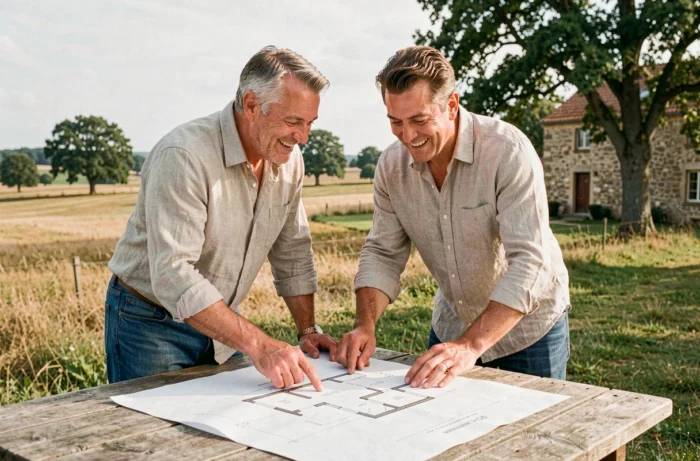 Couple examinant des plans architecturaux pour la construction de leur maison dans le Cher