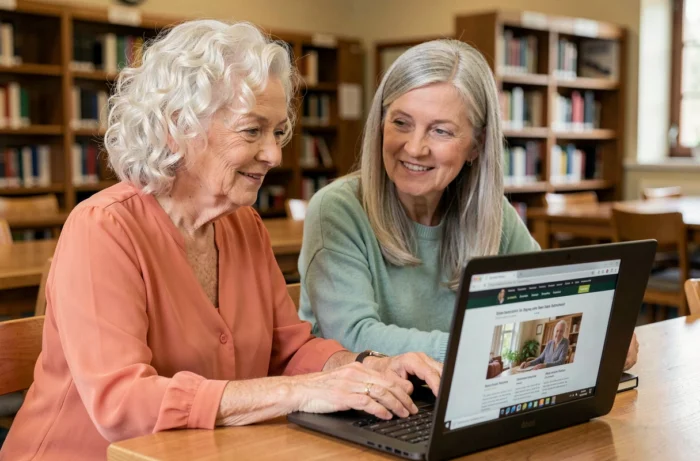 Deux femmes seniors découvrant ensemble le plan de navigation du site Jeune Senior en bibliothèque