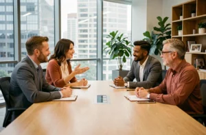 Équipe professionnelle engagée dans une discussion ouverte autour d'une table de réunion moderne dans un bureau contemporain