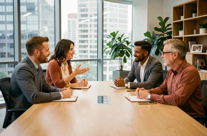 Équipe professionnelle engagée dans une discussion ouverte autour d'une table de réunion moderne dans un bureau contemporain