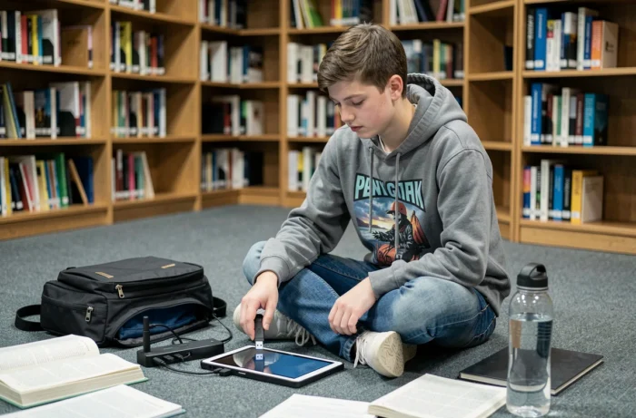 Estudante conectando um pen drive a uma tablet via um hub USB em uma biblioteca