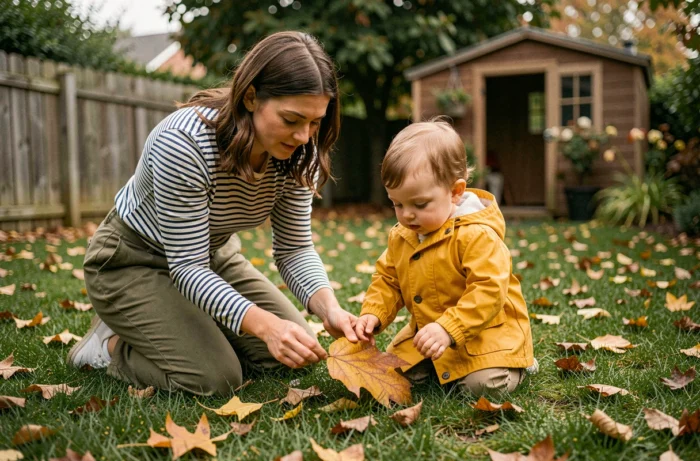 Mother and child exploring nature in the garden, observing a leaf together to stimulate curiosity and sensory awakening
