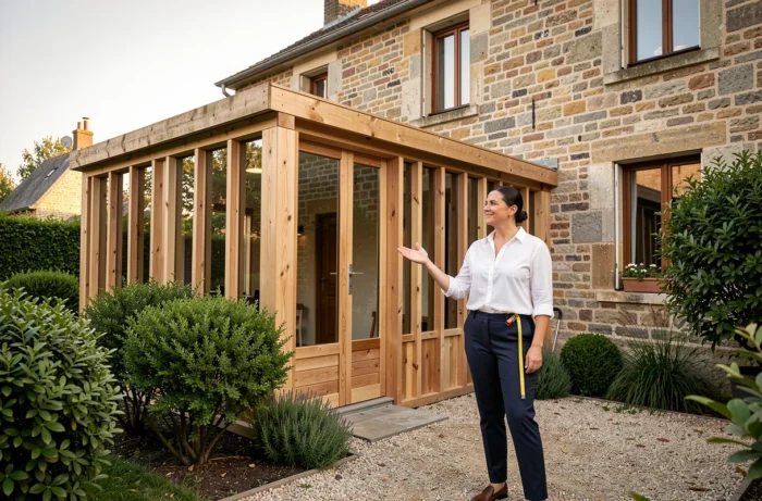 Femme devant une extension bois accolée à une maison en pierre sans permis de construire