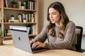 Femme consultant les actualités sur un ordinateur portable dans un bureau à domicile moderne