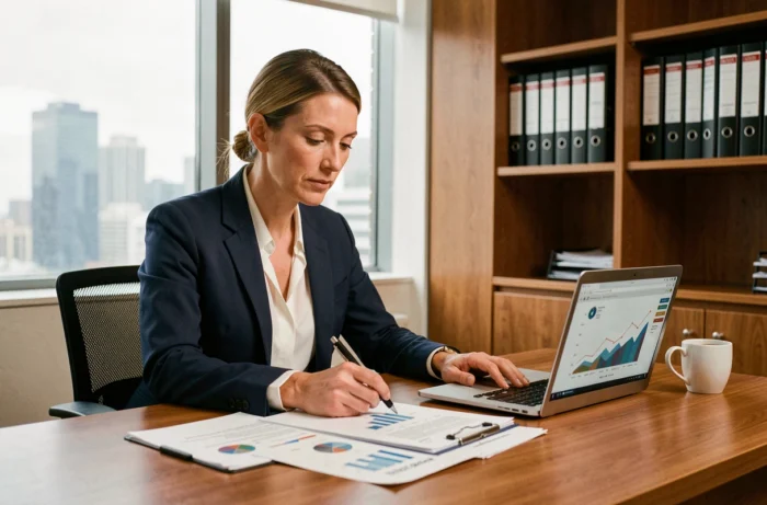 Femme professionnelle analysant des documents financiers et des graphiques sur un bureau en bois dans un bureau moderne