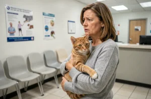 Femme inquiète tenant son chat roux dans une salle d'attente vétérinaire face à un refus de soins