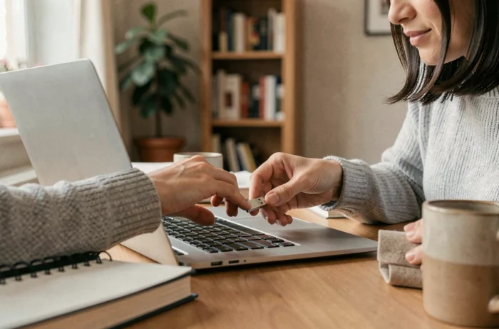 Femme insérant une clé USB dans un ordinateur portable sur un bureau en bois à domicile