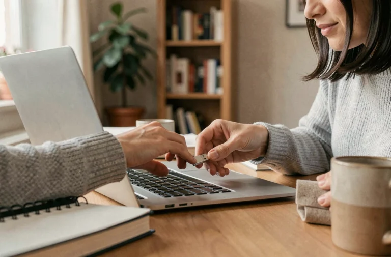 Femme insérant une clé USB dans un ordinateur portable sur un bureau en bois à domicile