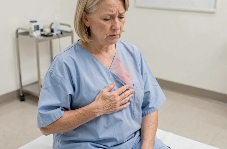 Femme d'une cinquantaine d'années en consultation médicale touchant une zone de rougeur sur le tronc, évoquant les symptômes du zona récidivant