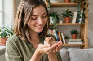 Femme tenant délicatement un hamster doré dans ses mains dans un salon chaleureux