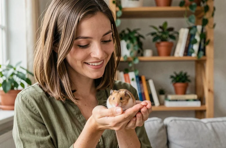 Femme tenant délicatement un hamster doré dans ses mains dans un salon chaleureux