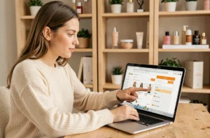 Femme naviguant sur le plan du site d'une boutique beauté en ligne depuis son bureau à domicile