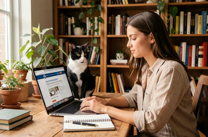 Young woman seeking her rights in the face of refusal of veterinary care for her cat on a laptop