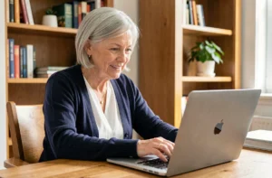 Femme senior naviguant sur le site Jeune Senior depuis un bureau à domicile