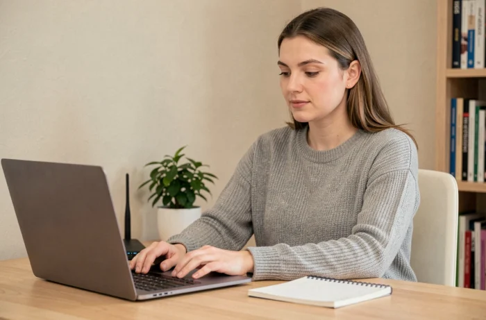 Femme travaillant depuis chez elle avec un routeur Wi-Fi et un ordinateur portable sur un bureau en bois organisé