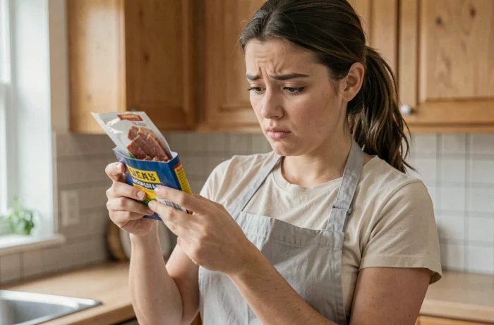 Woman checking the freshness of an opened package of bacon bits in a home kitchen