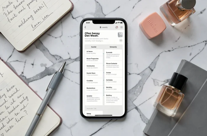 Vue de dessus d'un smartphone affichant le plan du site Beauty Boo sur une surface en marbre avec carnet de notes