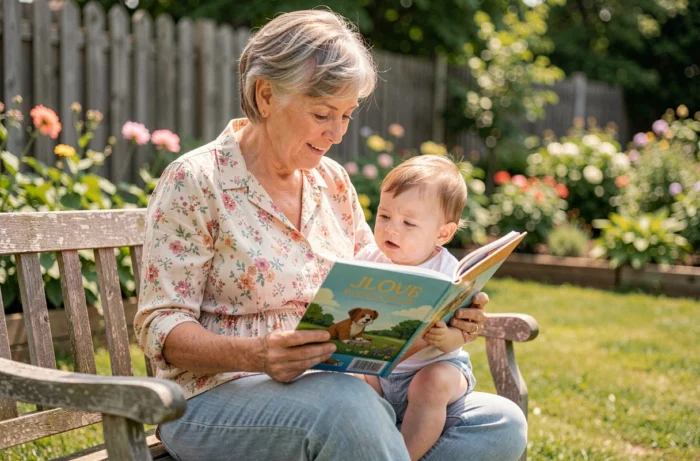 Grandmother reading an illustrated book to her baby in a lush garden, supporting the cognitive and emotional development of the infant