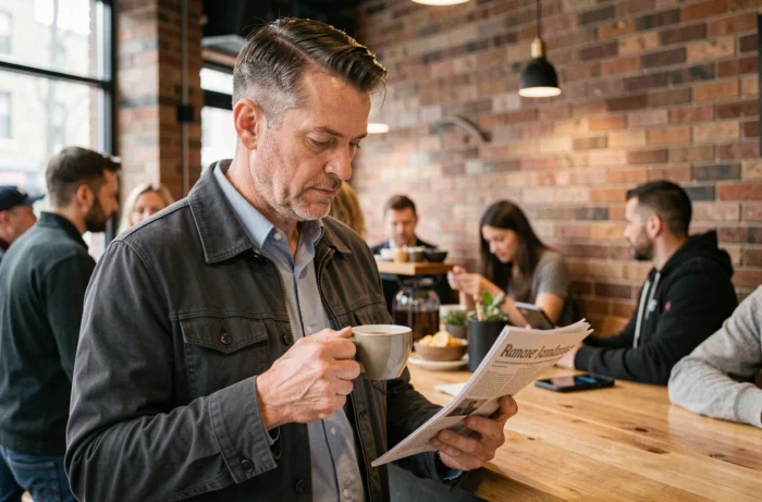 Man reading the latest news on his smartphone in an urban café