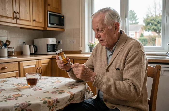 Elderly man in the kitchen reading the label of a medication prescribed for recurrent shingles, illustrating the daily management of this disease
