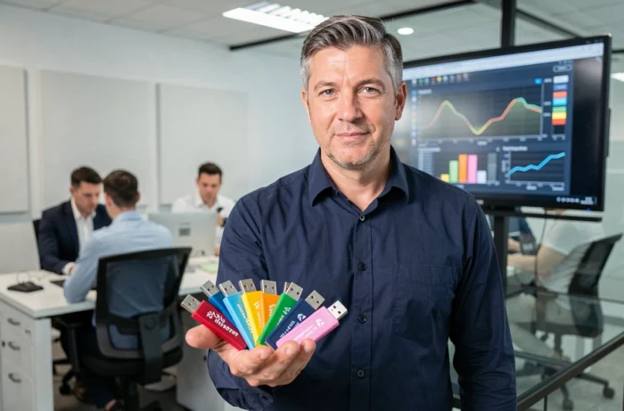 Homem segurando vários pen drives coloridos na mão em um escritório profissional moderno