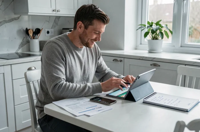 Uomo che gestisce le sue finanze personali con un tablet e uno smartphone al tavolo della sua cucina