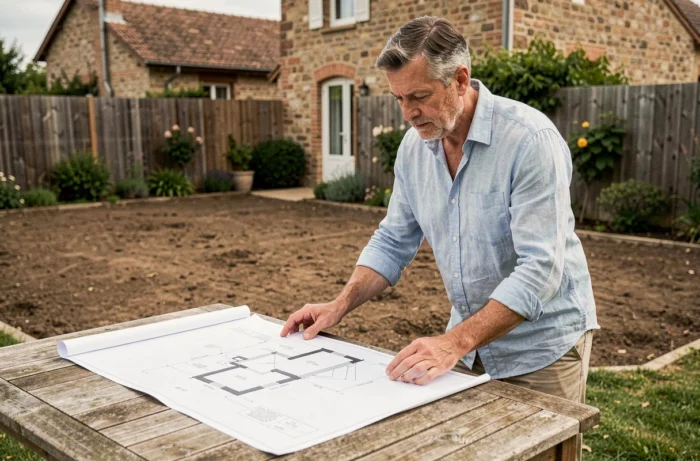 Homme consultant des plans d'extension de maison dans son jardin en France