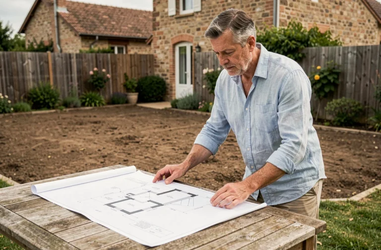 Homme consultant des plans d'extension de maison dans son jardin en France
