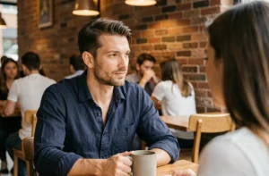 Homme qui regarde discrètement une femme dans un café sans qu'elle le remarque, illustration du comportement masculin non verbal