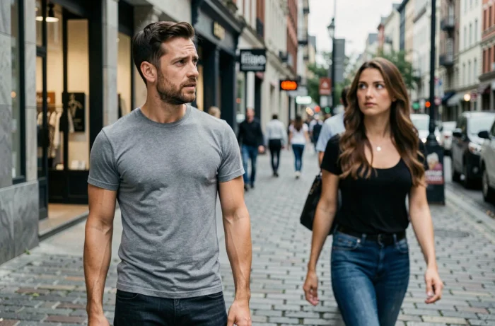 Man on the street discreetly observing a woman passing by without noticing him, illustrating non-verbal male gaze behavior in an urban setting