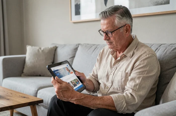 Homme senior consultant le plan du site Jeune Senior sur une tablette dans son salon