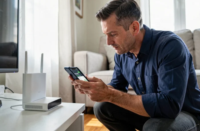Man controleert de instellingen van zijn Wi-Fi-router thuis met een snelheidstest op smartphone