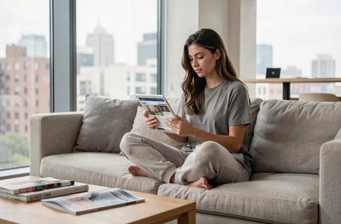Young woman browsing a news site on a tablet in a modern living room