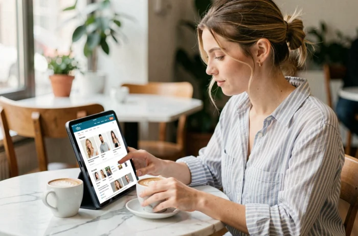 Jeune femme consultant le plan du site Beauty Boo sur une tablette dans un café