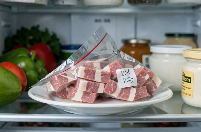 Paquet de lardons ouvert conservé dans un réfrigérateur avec étiquette de date de péremption