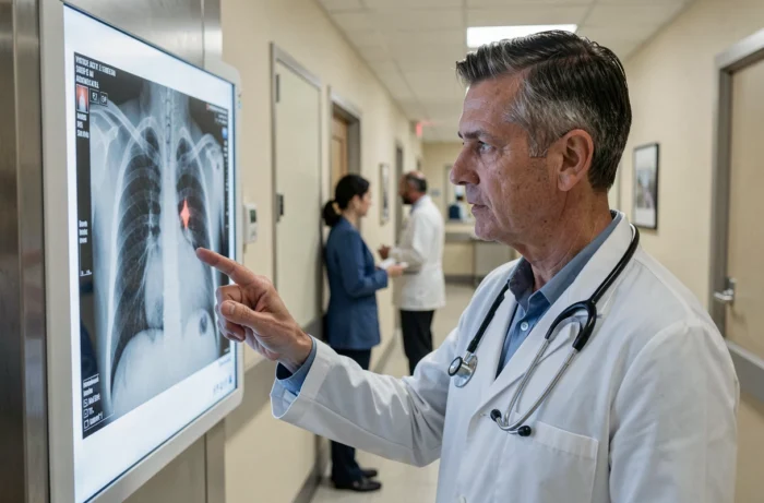 Médecin examinant une radiographie pulmonaire montrant des signes d'œdème pulmonaire aigu en milieu hospitalier