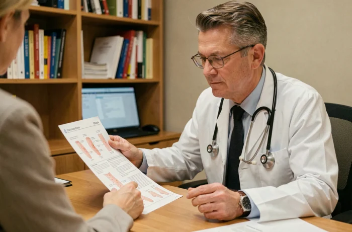 General practitioner in consultation analyzing a dermatological report on recurrent shingles, sitting in his medical office