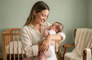 Mère tenant tendrement son bébé dans les bras dans une chambre de nourrisson apaisante, illustrant les conseils de bien-être pour bébé