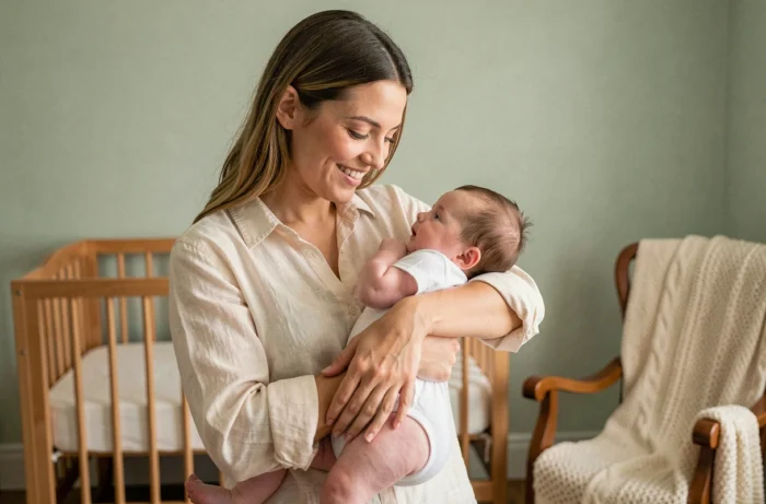 Mère tenant tendrement son bébé dans les bras dans une chambre de nourrisson apaisante, illustrant les conseils de bien-être pour bébé