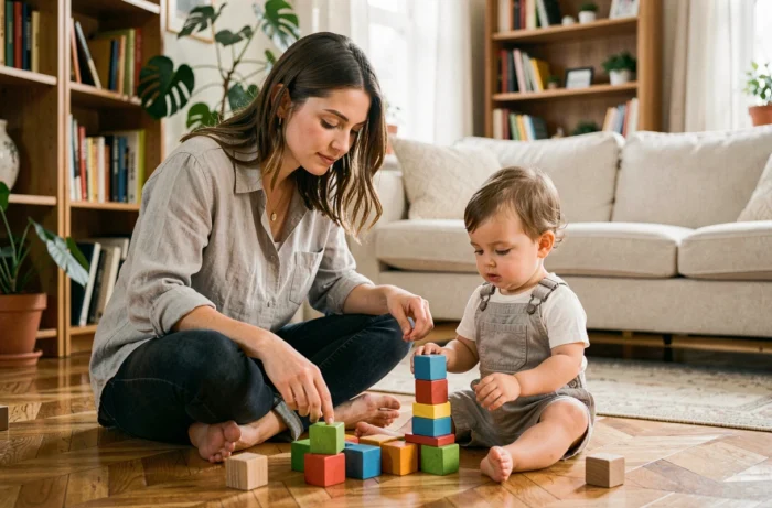 Mère assise sur le sol avec son tout-petit, jouant avec des cubes en bois colorés pour stimuler l'éveil de l'enfant