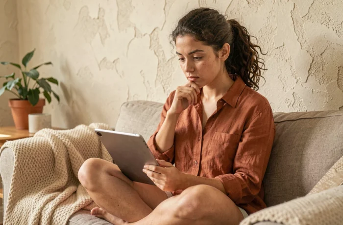 Young woman reviewing and optimizing a web article on a tablet in a comfortable living room