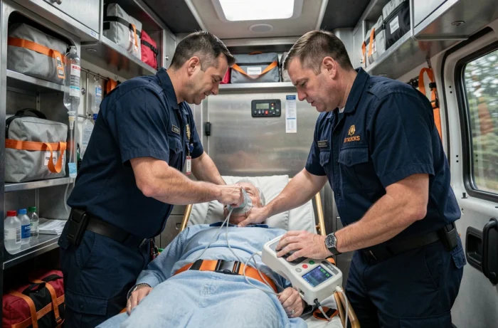 Equipe de resgate paramédico administrando oxigênio a um paciente com dificuldade respiratória em uma ambulância